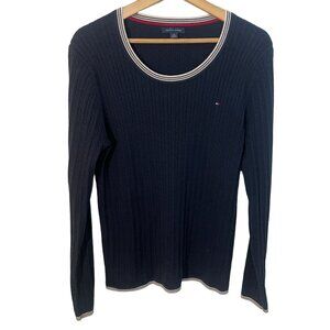 Tommy Hilfiger Cable Knit Sweater Women L Blue Embroidered Logo Nautical USA